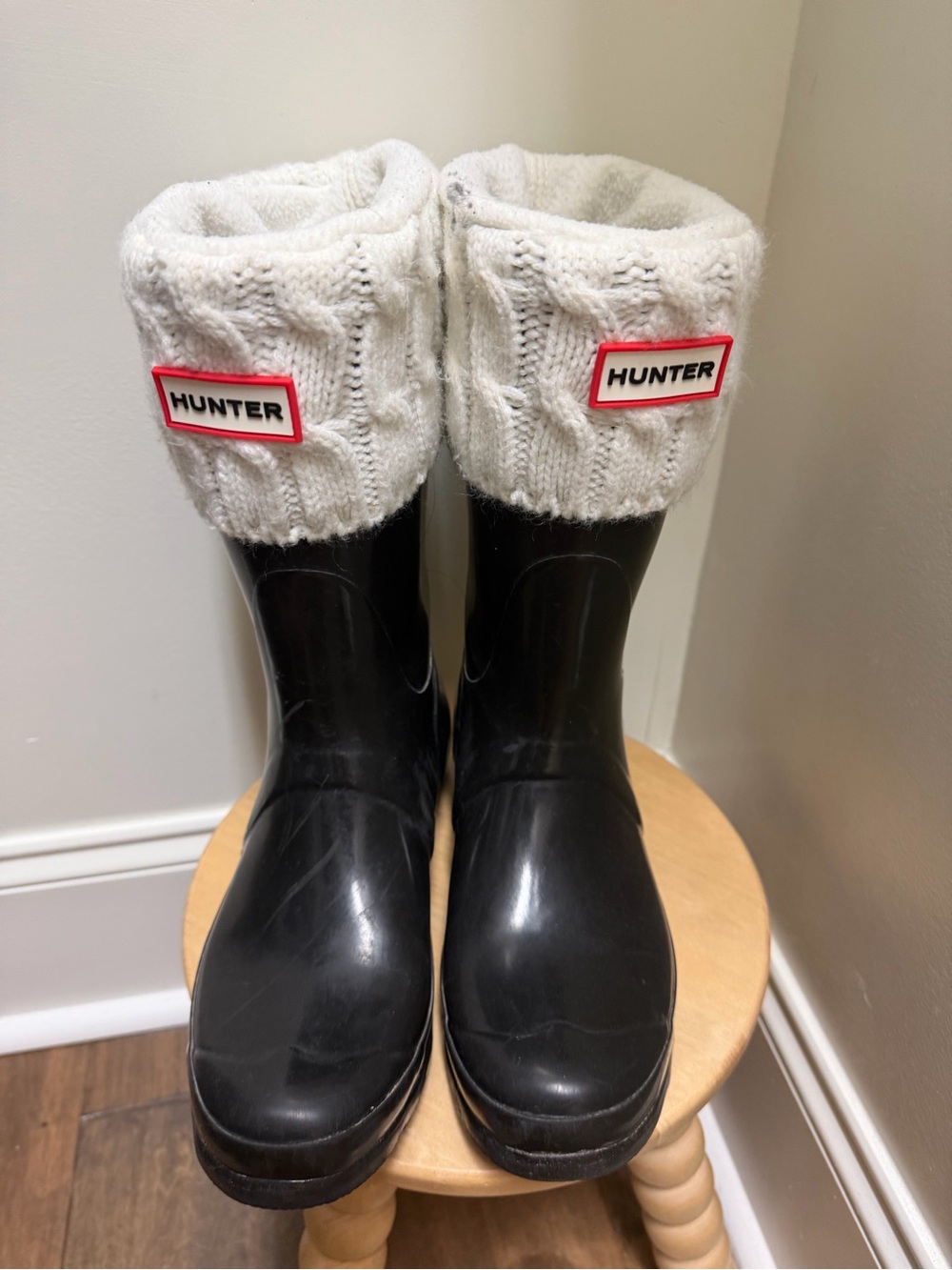 Hunter Black Rain Boots with White Knit Cuffs and Red Logo Trim